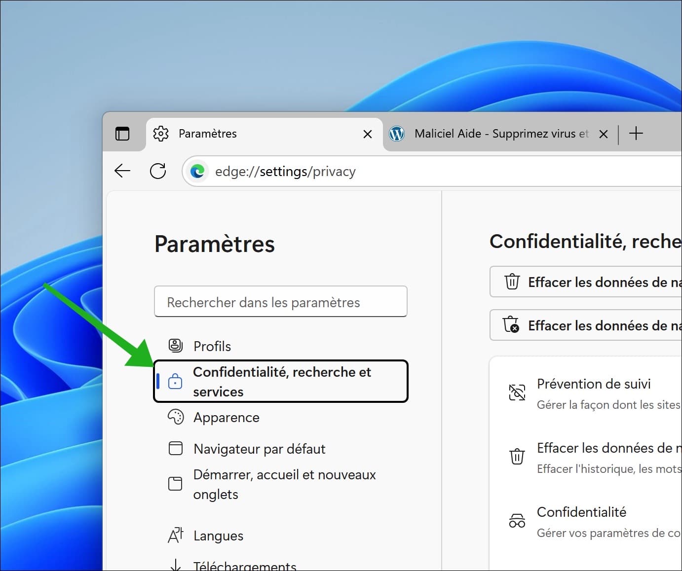 Confidentialité, recherche et services